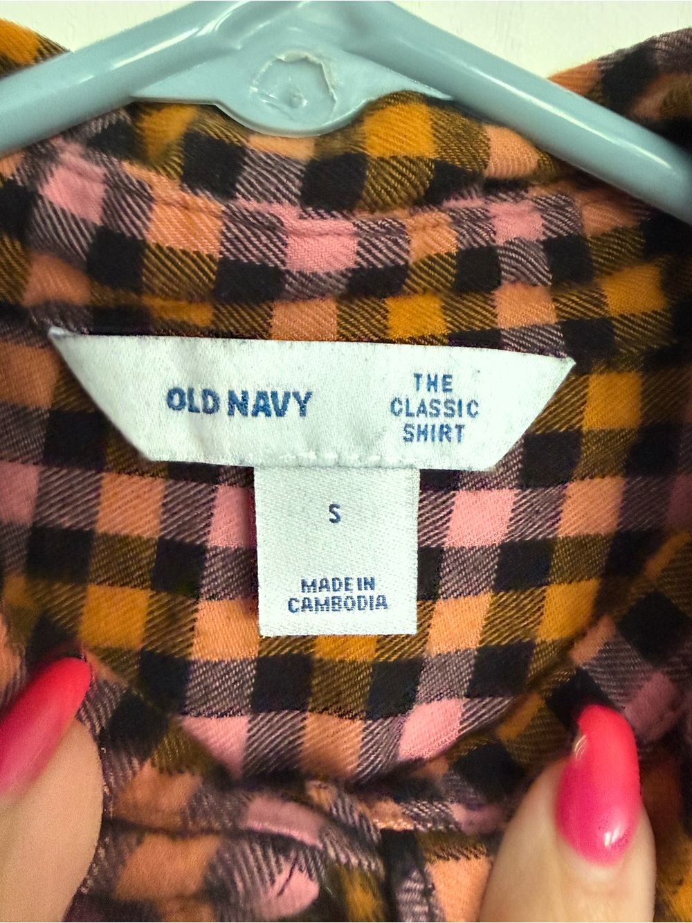 2 for $20 sale: Old Navy Pink, Orange & Black checkered Button-Down Shirt - Picture 3 of 4